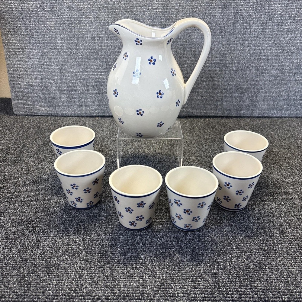 Vtg~Old England Stoneware Pitcher and 6 Matching Tea Cups